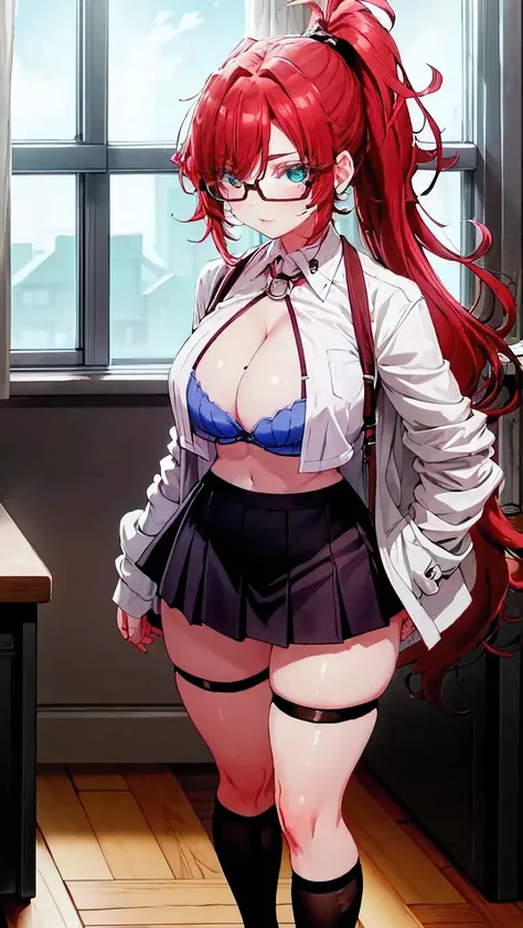 1cjica, alone, long hair, red hair, ponytail, red glasses, turquoise eyes, mole on chest, white shirt, open shirt, purple bra, seductive, closed mouth, makeup, tight black skirt, short skirt, heels black , big breasts, medium waist, wide hips, wide thighs,...