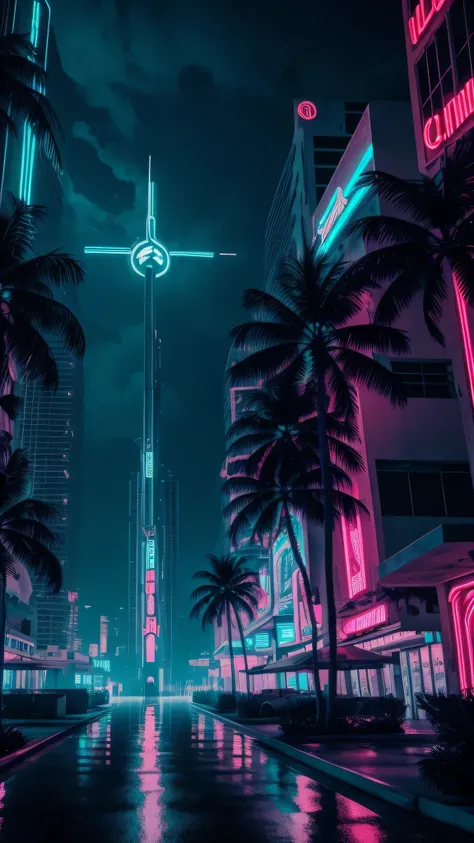 extremely detailed CG unity 8k wallpaper, masterpiece, palm tree, Miami, best quality, long shot, cyberpunk, ghostly setting, mist, volumetric light, neon lights, animatronic figures, ruined structures, grunge textures