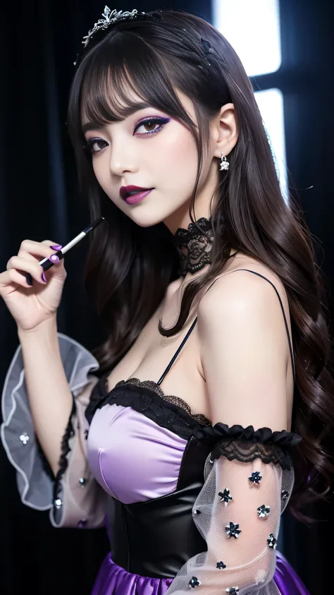 best quality、ultra-detailed、4k、Japanese、Seductive beauty、seductive adult woman、Pretty Woman、cool girl、Villainess、Brainwashed、brainwash、Fallen into evil、smirk、Evil look、Wicked Smile、evil、Brown hair、wavy hair、swept bangs、dark makeup、dark makeup、piercing eyes...