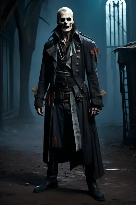 a zombie pirate necromancer wearing a black trench coat