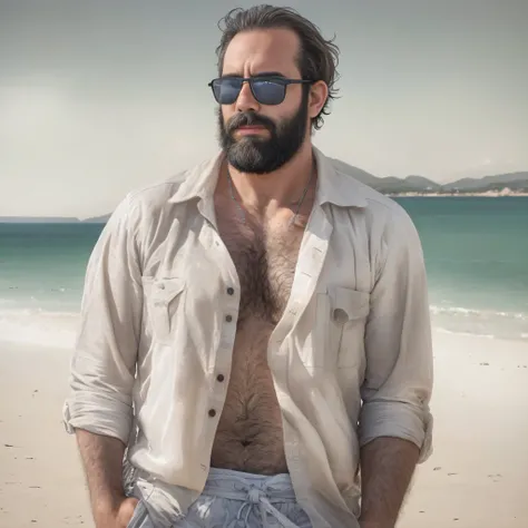 Create an image of a 38-year-old man with a beard and a lot of chest hair. He is wearing sunglasses. The man should have a confident and relaxed expression. The scene is a sunny beach with clear blue skies, soft white sand, and gentle waves in the backgrou...