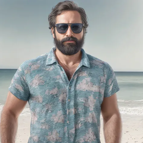 Create an image of a 38-year-old man with a beard and a lot of chest hair. He is wearing sunglasses. The man should have a confident and relaxed expression. The scene is a sunny beach with clear blue skies, soft white sand, and gentle waves in the backgrou...