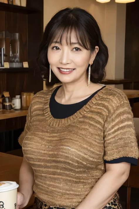 Osakas aunt、Organic Photography、highest quality、masterpiece、Ultra-high resolution、Beautiful Japanese old lady、50 years old、Looking at the audience、Elegant face、Toothy smile、Big Breasts、Wearing a short-sleeved knit with an animal print、Medium long wavy hair...