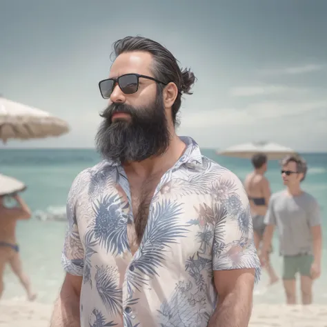 Create an image of a 38-year-old man with a beard and a lot of chest hair. He is wearing sunglasses. The man should have a confident and relaxed expression. The scene is a sunny beach with clear blue skies, soft white sand, and gentle waves in the backgrou...