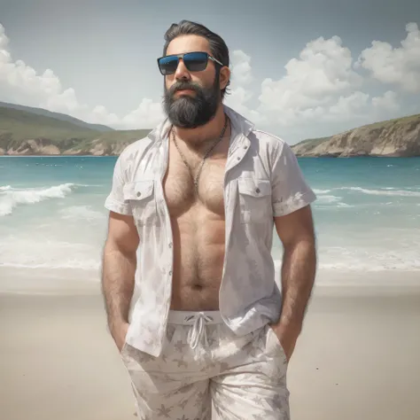 Create an image of a 38-year-old man with a beard and a lot of chest hair. He is wearing sunglasses. The man should have a confident and relaxed expression. The scene is a sunny beach with clear blue skies, soft white sand, and gentle waves in the backgrou...