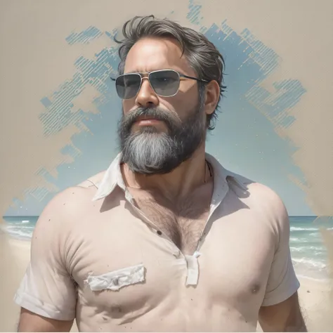 primer plano, create an image of a 38-year-old man with a beard and a lot of chest hair. He is wearing sunglasses. The man should have a confident and relaxed expression. The scene is a sunny beach with clear blue skies, soft white sand, and gentle waves i...