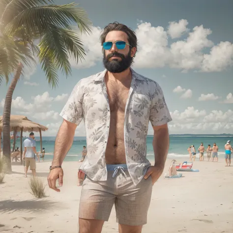 primer plano, create an image of a 38-year-old man with a beard and a lot of chest hair. He is wearing sunglasses. The man should have a confident and relaxed expression. The scene is a sunny beach with clear blue skies, soft white sand, and gentle waves i...