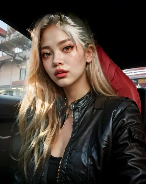 um close de uma mulher com uma jaqueta preta sentada em um carro, Retrato de Jossi do Blackpink, parque roseanne de blackpink, cabelo prateado (rabo de cavalo), girl cabelo prateado, Female Korean idol portrait, Jennie Blackpink, inspirado em Yanjun Cheng,...