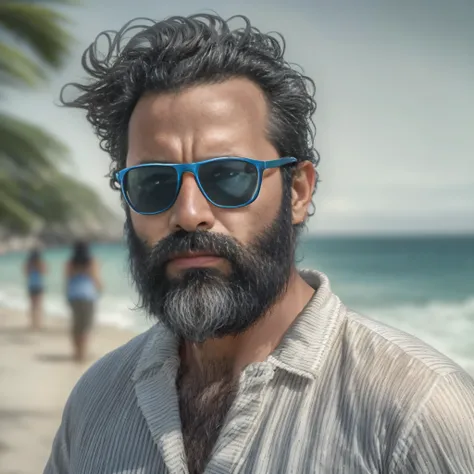 Create an image of a 38-year-old man with a beard and lots of chest hair.. he wears sunglasses. The man should have a confident and relaxed expression.. La escena es una playa soleada con cielos azules claros., Arena blanca y suave, y suaves olas al fondo....