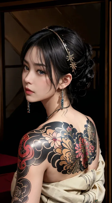 (best quality,highres:1.2), (photorealistic:1.4),low angle portrait, seen from back, yakuza girl soaking on onsen in the lost city,look at viewer,detailed face,beautiful detailed grey blue eyes,beautiful detailed lips,seductive smile,eyebrows well-groomed,...