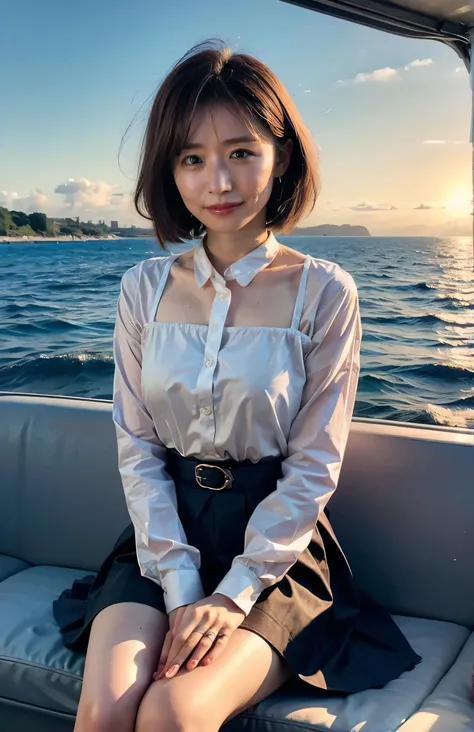 The sky turns red、Woman standing on a boat、Light brown hair、Elegant hairstyle、Blue Eyed Woman、A woman with a cute upward gaze、When the sky gets dark、The gentle light of the ship shines、The sky turns red as the sun sets、Tight clothing that shows your body l...