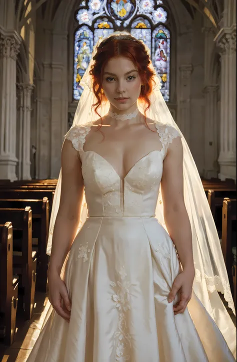 Create an image that captures the essence of classical art and award-winning painting, drawing inspiration from Monet oil paintings. Visualize a enchanting oil painting of beautiful red hair female wearing white lace wedding dress in a Chapel. Her skin sho...