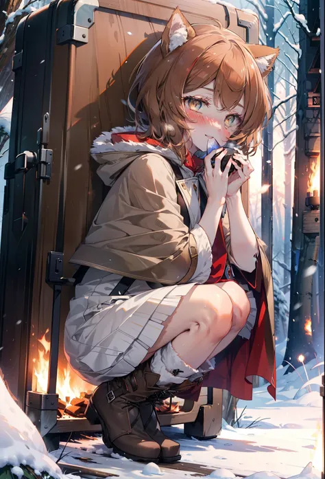 Liliru Card, Liliruca gets burned, Animal ears, (Brown eyes:1.7), Brown Hair, (Flat Chest:1.2), short hair,smile,blush,White Breath,
Open your mouth,snow,Ground bonfire, Outdoor, boots, snowing, From the side, wood, suitcase, Cape, Blurred, having meal, fo...