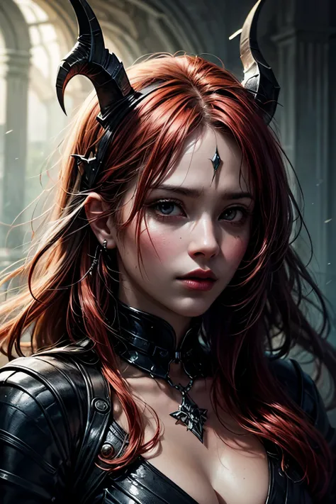 (best quality, ultra-detailed, realistic:1.37), dark fantasy portrait, surreal atmosphere, vibrant colors, ethereal lighting, mystical horns and scratched face, captivating gaze, delicate facial features, alluring expression, mesmerizing red hair flowing, ...