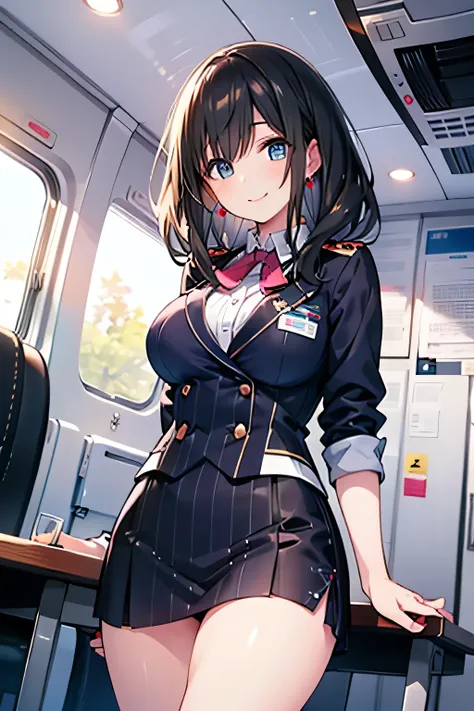 Anime illustration、highest quality、Cabin attendant serving in a luxurious cabin、Sexual services、smile、Perfect balance、Oversized bust、Fatty legs、Clear Eyes、Cowboy Shot