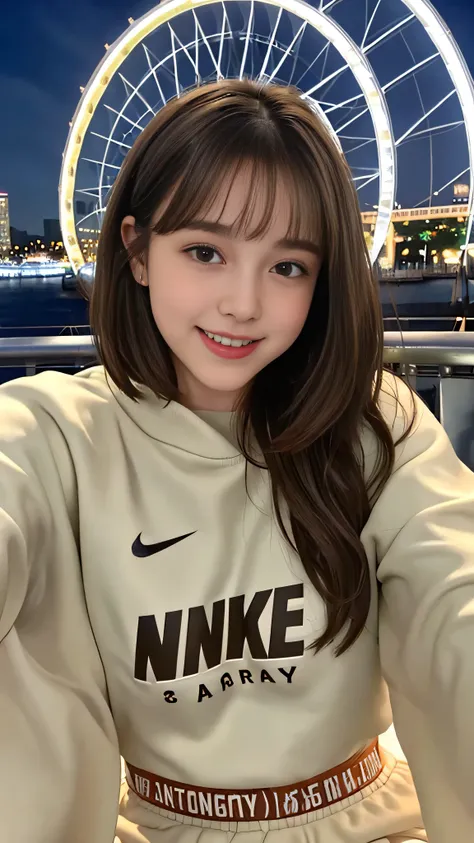 Close-up shot、looking at viewer、18-year-old、Brown Hair、Loose and fluffy shorthair、Wearing a Nike tracksuit、Sweat pants、smile、Night view、In front of the Ferris wheel、Selfie