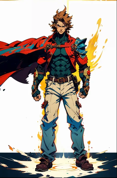 A man with brown disheveled and bristling hair, sharp eyes, a dignified expression, two green war marks on his face, a fantasy-style tattered brown coat with one sleeve torn, a black sleeveless undershirt, a red cloth belt around his waist, light-colored t...