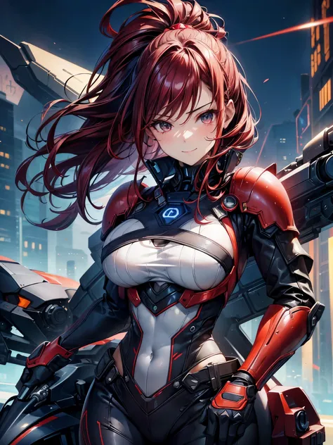 highest quality、Nice sexy body、One Woman、alone、(Beautiful busty woman:1.5)、Medium hair woman、((Woman with dark red hair))、Woman in mechanical suit、Smiling woman、Future City、Woman riding futuristic motorcycle