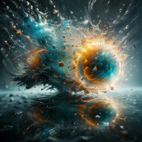 highly detailed macro photograph showcasing a dynamic explosion of colorful droplets in mid-air. Focus on the contrast between the vibrant orange and teal hues against a dark, blurred background. The scene should capture the essence of motion and fluidity,...