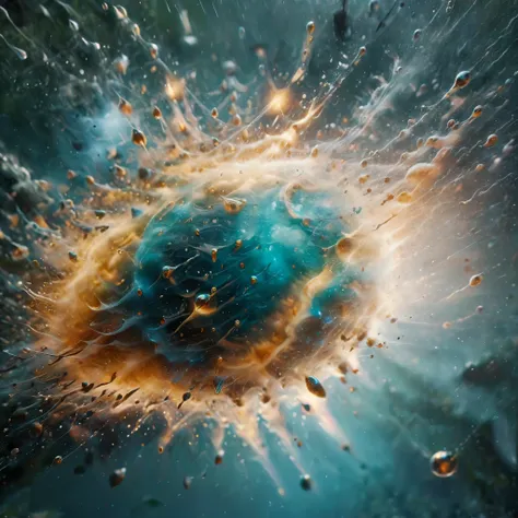 highly detailed macro photograph showcasing a dynamic explosion of colorful droplets in mid-air. Focus on the contrast between the vibrant orange and teal hues against a dark, blurred background. The scene should capture the essence of motion and fluidity,...