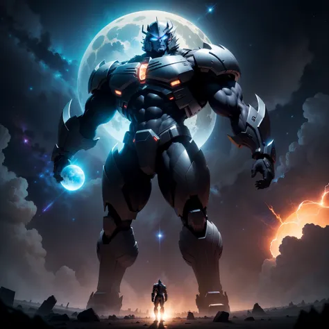 Colossal, Muscular Megatron from Transformers, in his dominating form, wreaks havoc on the universe. A celestial body bender, he towers above the cosmos, smoldering with the intensity of a thousand suns. His metallic form gleams under the interstellar ligh...