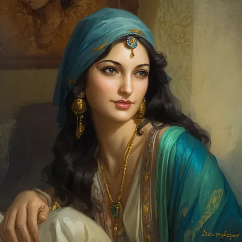 painting of a woman with a blue head scarf and jewelry, linda pintura de personagem, arab beauty, linda mulher, very belo retrat...