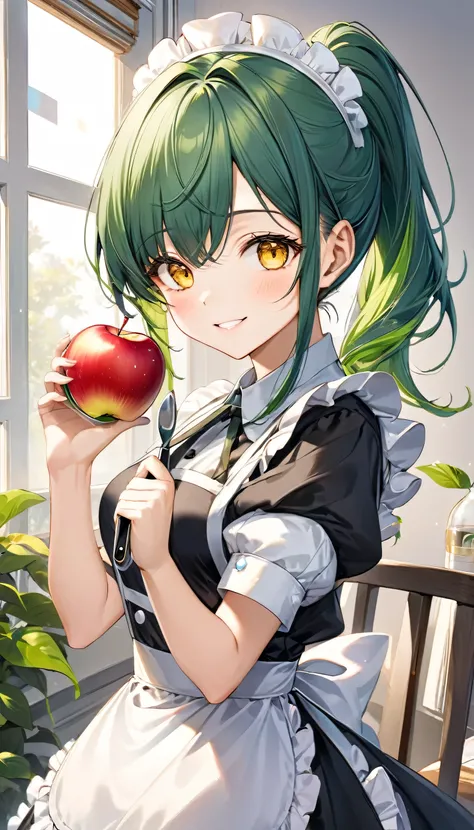 (cool beauty style) (solo ponytail green hair long hair cute girl, cute yellow eyes, 15 yo, love smile, big), (in a cute maid clothes), (right hand holding a Fruit knife and left hand holding an apple), BREAK, in the hospital bedroom, (perfect anatomy, mas...