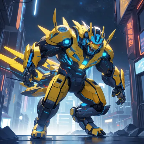 ("By Dreammaker315, by Bumblebeetron, by Optimusrush", high quality, masterpiece, detailed picture, giant, muscular, Bumblebee, Transformers, yellow and black body, metallic sheen, energetic pose, hovering in mid-air, dynamic motion blur, deep focus, vibra...