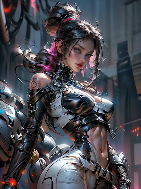 (Best Quality, best resolution), ((perfect Masterpiece), (incredibly Detailed: 1.4), 3D, A Beautiful futuristic Cyberpunk girl, super huge enormously gigantic tits, cleavage showing, tons of tattoos and piercings, very long hair in a shaved mohawk hairstyl...