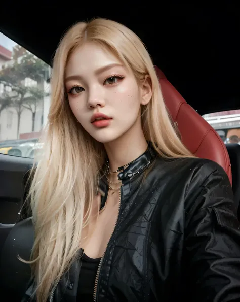 mulher loira CABELO LISO ALINHADO CABELO LISO CABELO LISO CABELO LISO CABELO LISO CABELO PERFEITO LOIRO CABELO LISO cabelo liso perfeito, com jaqueta de couro preta, sentada no carro com guarda-chuva aberto, portrait of jossi do blackpink, parque roseanne ...