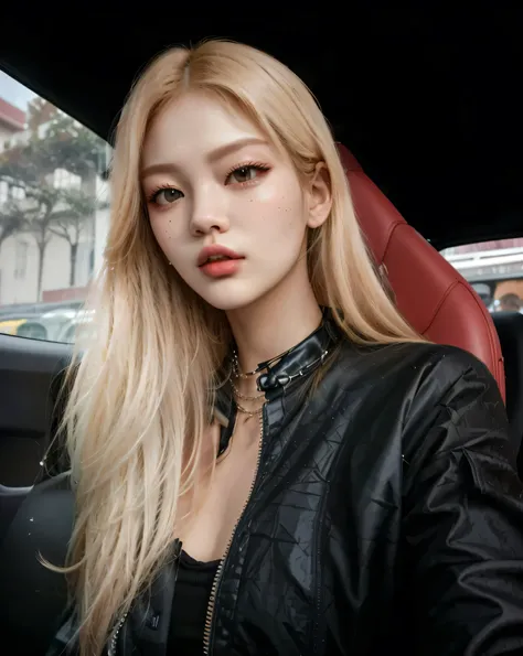 mulher loira CABELO LISO ALINHADO CABELO LISO CABELO LISO CABELO LISO CABELO LISO CABELO PERFEITO LOIRO CABELO LISO cabelo liso perfeito, com jaqueta de couro preta, sentada no carro com guarda-chuva aberto, portrait of jossi do blackpink, parque roseanne ...