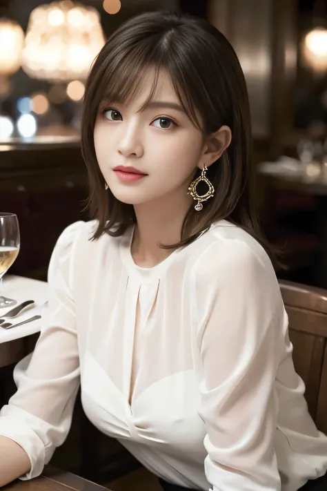 masterpiece, highest quality, Realistic, Very detailed, Finer details, High resolution, 8k wallpaper, One beautiful woman, Wear an elegant white see-through blouse, In a great restaurant, At night, Light brown shaggy haircut, Perfect dynamic composition, B...