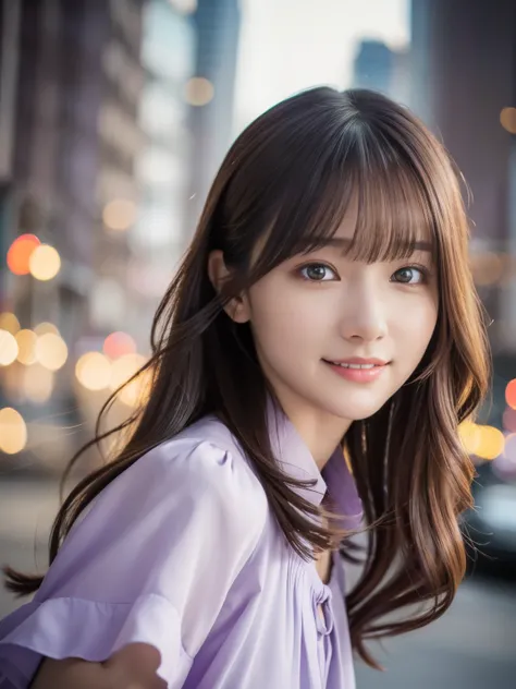 1 girl,(Wearing a light purple short-sleeved blouse:1.2),(RAW Photos, highest quality), (Realistic, Photorealistic:1.4), Tabletop, Very delicate and beautiful, Very detailed, 2k wallpaper, wonderful, In detail, Very detailedなCGユニティ8K壁紙, Very detailed, High...
