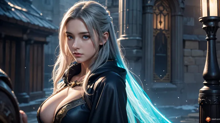 Close-up of female mage, Girl in robes, 2. 5D CGI anime fantasy artwork, Large Breasts,Epic fantasy digital art style, detailed Digital 2D fantasy art, Digital 2D fantasy art, Gorgeous female mage,Look at the camera,(glowing magic:1.7) Role Playing Game Ch...