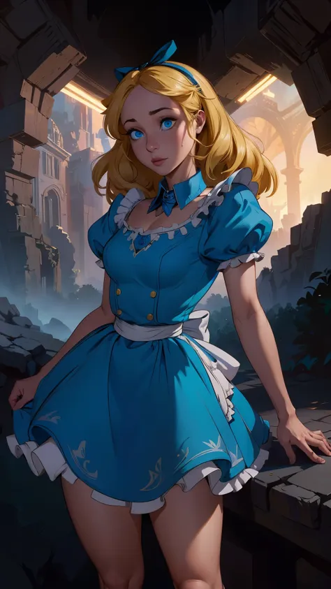 (la mejor calidad,a high resolution,ultra - detallado,actual),alice wonderland, vestido corto azul, medias white muslo, cabello ...