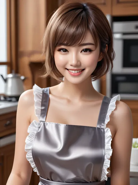 product quality, 1girl, full body shot, front view, a Japanese young pretty girl, short hair, wearing only a silky satin frilled gray apron over her naked with a big smile, sitting on a kitchen table in a kitchen, glamorous figure, busty, hyper cute face, ...