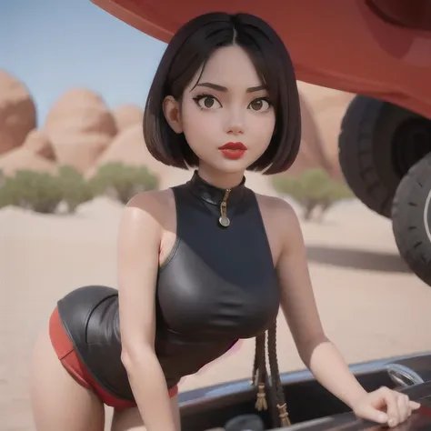 （（（1 Girl）））1 Girl
3d
bare shoulders
black eyes
black hair
blurry
blurry background
breasts
brown eyes
depth of field
leaning forward
lips
lipstick
looking at viewer
makeup
nose
outdoors
realistic
red lips
short hair
shorts
solo
tank top，(Desert Abyss)
