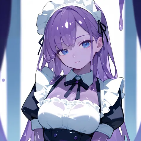 (score_9, score_8_up, score_7_up), 1girl, slime girl, purple skin, maid outfit, long hair, blue eyes, looking at viewer, innocen...