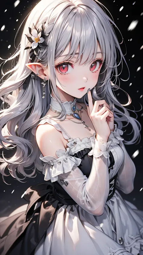 {{masterpiece}},highest quality,Very detailed,Very detailed CG Unity 8k wallpaper,An illustration, One girl, Red eyes, Wavy silver hair, Pointed Ears, vampire, dress, necklace, Hair Flowers, snow, ice, whole body, shot,High Close-up, Very detailed,Center F...