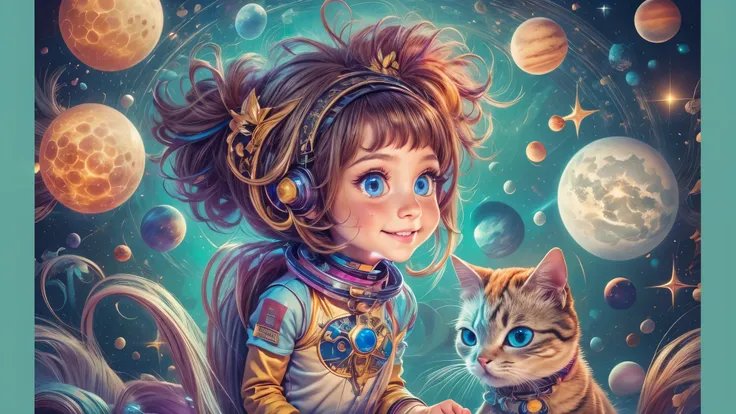 Cartoon illustration of a boy and a girl in space with cat, official fan art, in space, kitten in outer space, in outer space, in deep space, in galaxies, deep space exploration!!!, space travel, wearing in stars and planets, outer space, outer space, star...