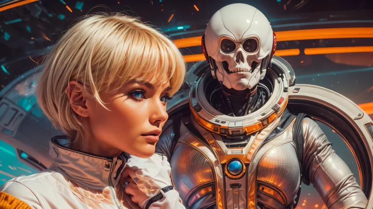 arafed image of a white woman in a futuristic suit with a spaceship in the background, movie art, in front of an orange background, inspired by Robert McGinnis, female protagonist, megastructure in the background, portrait of an ai astronaut, astronauts, a...