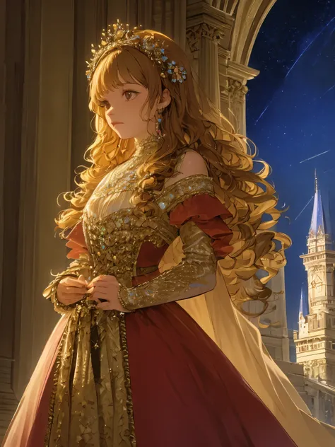uma linda princesa sozinha, elegante, detalhado, bonito, (rubenesco), (Romanesque background), (night sky), elegante detalhado dress, (arte de dgtlv2 e Henry Asencio e Zeen Chin e Josephine Wall e Edwin Deakin), (Obra de arte), (boa anatomia),