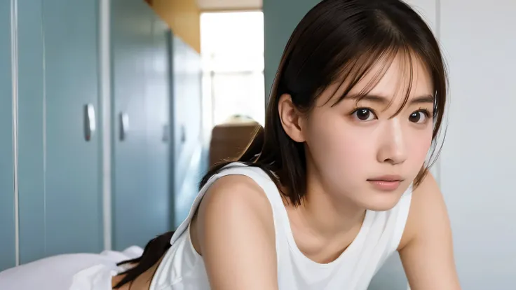 masterpiece, highest quality, High resolution, Absurd, Facial Lighting, Beautiful Eyes, shiny 髪, White Room, Perfect Face, Shiny skin, depth の field, (Browsing Caution:1.0), One Girl, 15 years old, avert your eyes, woman, puberty, locker room, Shooting fro...