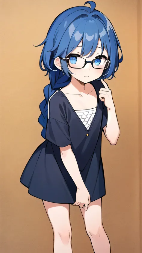 short, 12 years old, blue hair, single braid, blue eyes, round eyes, shy, shy, , short, young face, short height, , glasses with no edges,flat chest,1girl，long hair