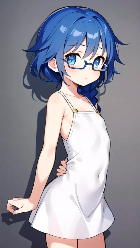 small breasted girl, short, 12 years old, blue hair, single braid, blue eyes, round eyes, shy, shy, , short, young face, short height, , glasses with no edges,flat chest,