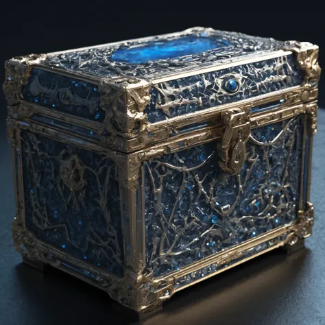 crystal chest in gold frame (((Chest lid open, Inside the chest are shiny crystals, golden tones, blue sky, reflective surfaces))), (((against the backdrop of space))), Karl Lagerfeld style, charming, victorious, Intricate, Beautiful, great style by Yossi ...