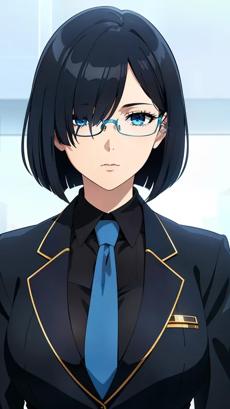 (best quality:1.5, highres, UHD, 4K, detailed eyes, detailed lighting, detailed hair, shaders), black hair, bob cut, hair covering one eye, cool woman, cool girl, sharp eyes, blue eyes, beautiful, large breasts, formal suit, necktie, jacket, with glasses