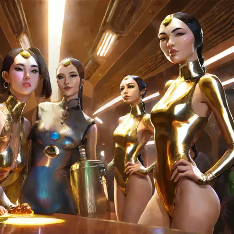 a group of lovely females (varied height and weight tending towards busty and full hips but athletic overall tone, varied races between Asian, Desi, Hindi, and Caucasian ) wearing scifi metallic swimsuits, extremely detailed and realistic,many women, beaut...