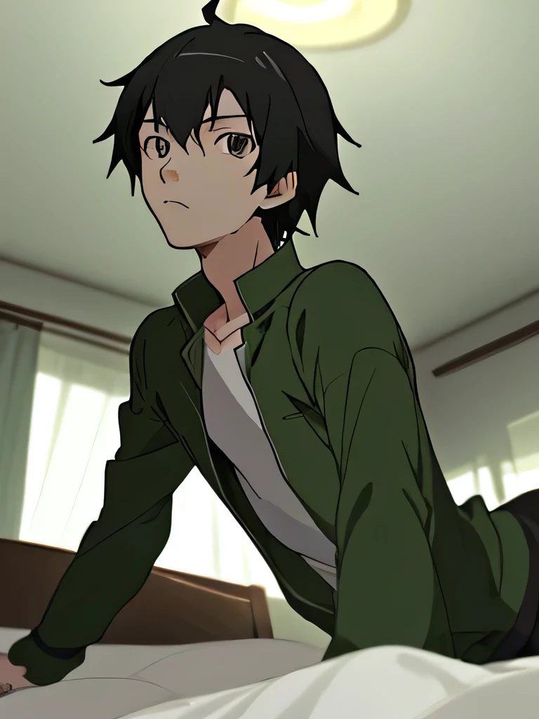 anime boy in green long sleeve with gray eyes handsome face makoto shinkai style In a bed looking up at the ceiling 