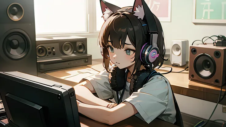 Room with speakers、Cat with headphones、Upper body close-up